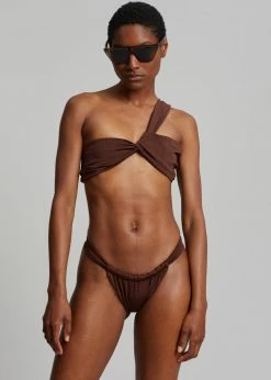 Aexae Ruched One Shoulder Swim Top - Brown