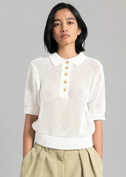 The Frankie Shop Ela Crochet Polo Top - White CLOTHING
