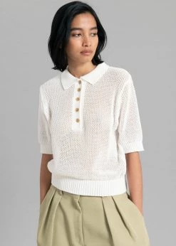 The Frankie Shop Ela Crochet Polo Top - White CLOTHING
