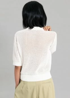 The Frankie Shop Ela Crochet Polo Top - White CLOTHING