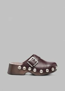 GANNI Studded Leather Clogs - Burgundy SHOES
