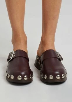 GANNI Studded Leather Clogs - Burgundy SHOES