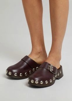 GANNI Studded Leather Clogs - Burgundy SHOES
