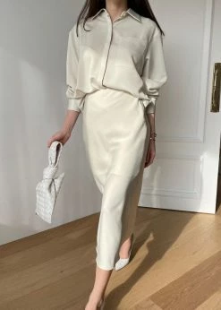 The Frankie Shop CLOTHING Gio Silky Midi Skirt - Custard