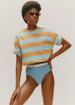 The Frankie Shop Karina Cropped T-Shirt - Turquoise/Bright Orange CLOTHING