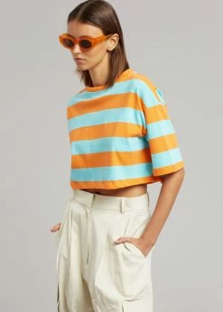 The Frankie Shop Karina Cropped T-Shirt - Turquoise/Bright Orange CLOTHING