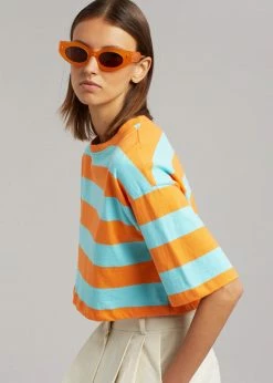 The Frankie Shop Karina Cropped T-Shirt - Turquoise/Bright Orange CLOTHING