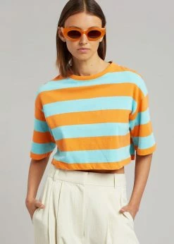 The Frankie Shop Karina Cropped T-Shirt - Turquoise/Bright Orange CLOTHING