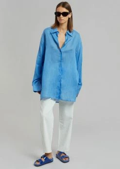 The Frankie Shop CLOTHING Marlow Oversized Linen Shirt - Blue