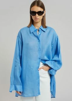 The Frankie Shop CLOTHING Marlow Oversized Linen Shirt - Blue