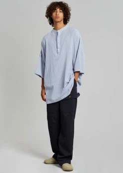 The Frankie Shop Teo Oversized Collarless Shirt - Light Blue