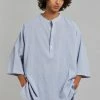 The Frankie Shop Teo Oversized Collarless Shirt - Light Blue