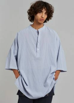 The Frankie Shop Teo Oversized Collarless Shirt - Light Blue