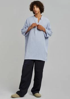 The Frankie Shop Teo Oversized Collarless Shirt - Light Blue