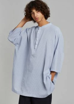 The Frankie Shop Teo Oversized Collarless Shirt - Light Blue